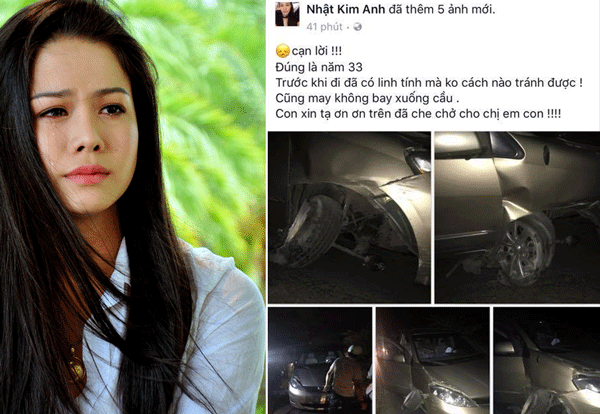 Nhật Kim Anh bị tai nạn giao thông, đầu xe hơi bẹp rúm