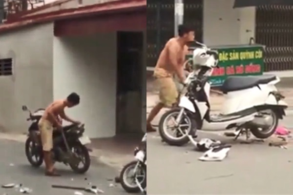 Phát hiện vợ đi chơi với nhân tình, người chồng nổi giận rồi đập phá xe máy giữa đường