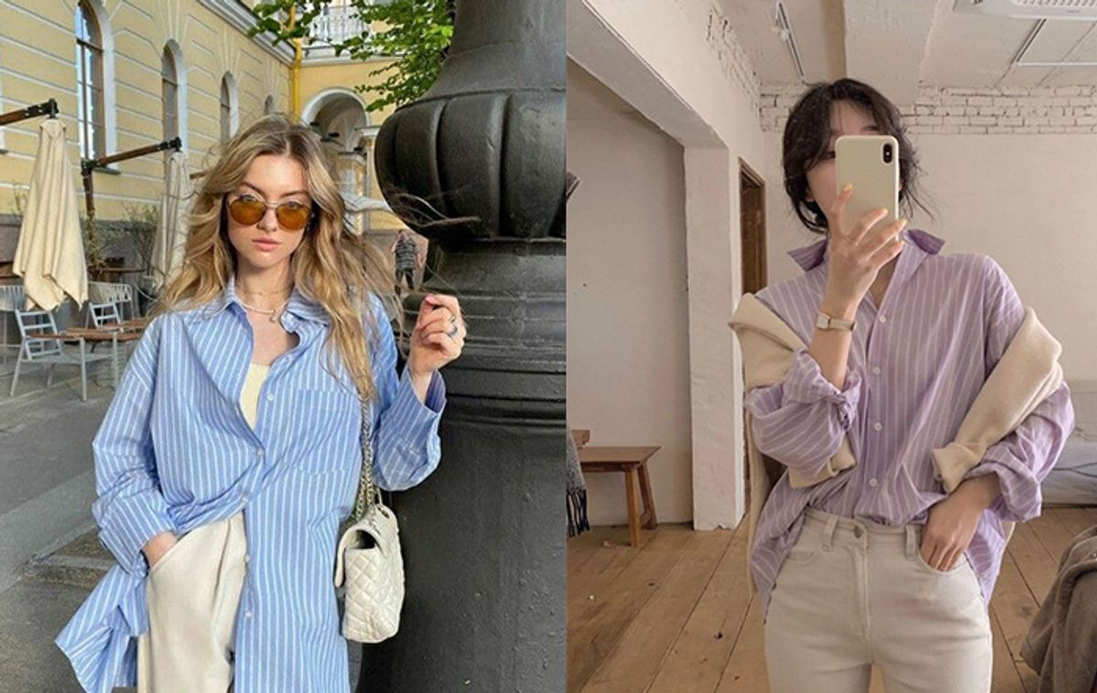 Outfit sơ mi kẻ sọc cho nữ thấp bé thanh lịch