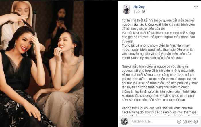 Dòng trạng thái tố cáo Hương Giang của nhà thiết kế Hà Duy.