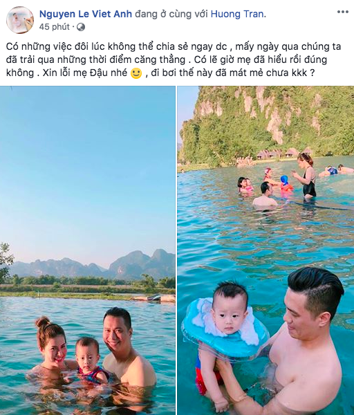 Mới đây trên Facebook của nam diễn viên Việt Anh đã đăng tải hình ảnh bên vợ và con trai. Kèm theo đó, nam diễn viên viết: 