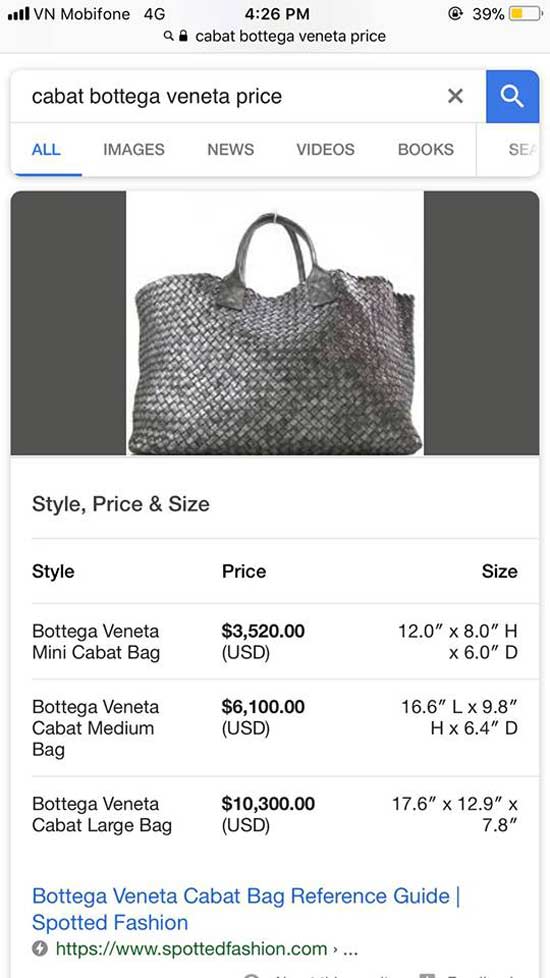 Chiếc túi này có giá từ 3-10.000 USD tùy thuộc vào kích cỡ. Chiếc túi của 