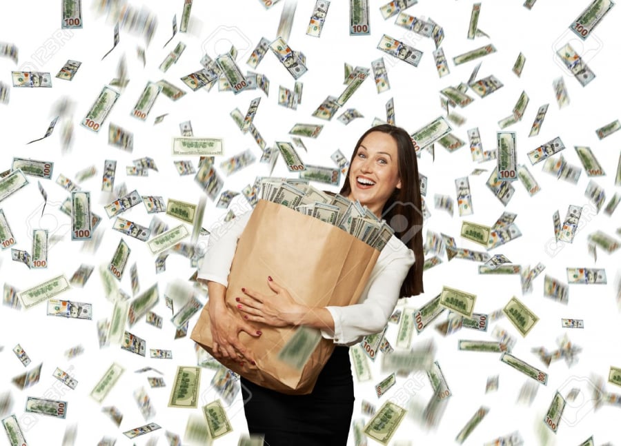 29781734-happy-and-smiley-businesswoman-holding-paper-bag-with-money-under-dollar-s-rain
