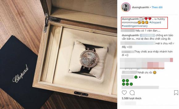 Trên Instagram Á hậu Tú Anh đăng tải bức hình chụp chiếc đồng hồ của một thương hiệu lớn với lời chú thích: 
