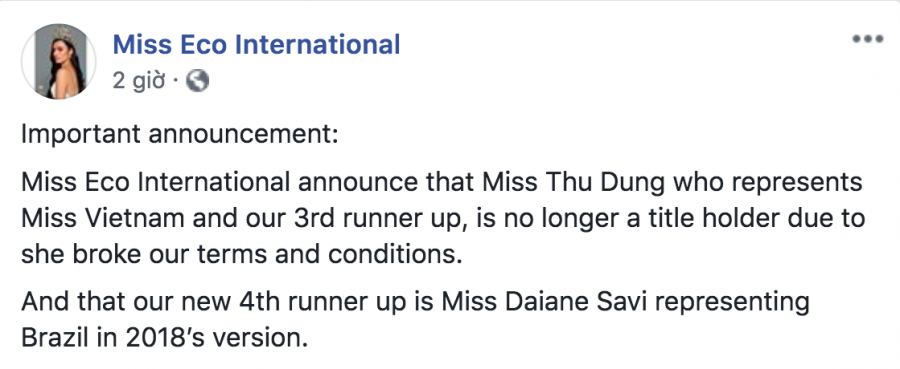Nguyên văn đoạn thông báo được đăng tải trên trang chủ của Miss Eco International.