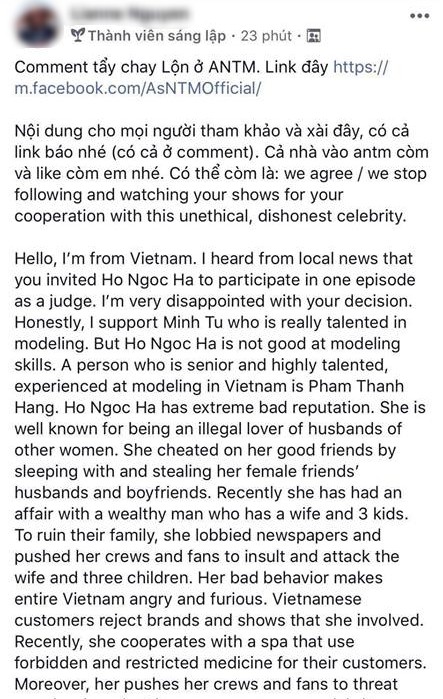 Bài viết của antifan trong một nhóm kín với nội dung kêu gọi dân mạng cùng nhau để lại bình luận trên page Asia's Next Top Model tẩy chay Hồ Ngọc Hà.