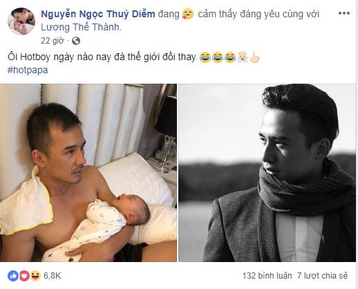 Thúy Diễm hài hước chia sẻ hình ảnh ông xã Lương Thế Thành thay đổi 180 độ sau khi có con.