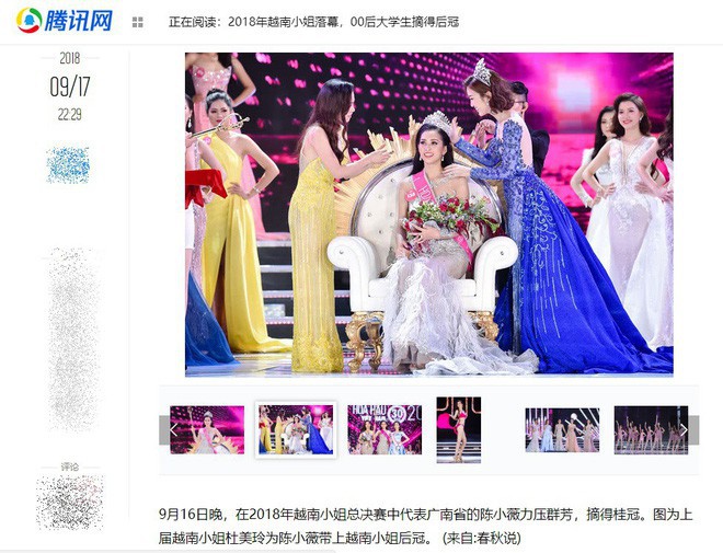 Trước đó, các trang tin lớn của Trung Quốc như Tân Hoa Xã, QQ, ECri... đều đăng tải tin tức về cuộc thi Hoa hậu Việt Nam 2018.