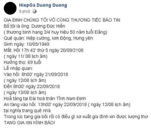 Nam nghệ sĩ Hiệp Gà thông báo tin buồn trên trang cá nhân.