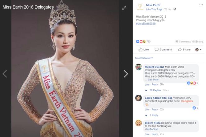 Hình ảnh Phương Khánh đăng tải trên Fanpage chính thức của Miss Earth