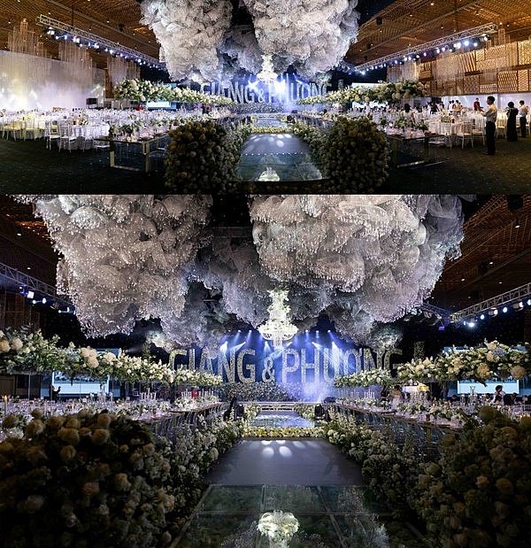 Không gian đám cưới Trường Giang và Nhã Phương ngoài hoa tươi thì những đám mây kết bằng bông là điểm nhấn khá đặc biệt.