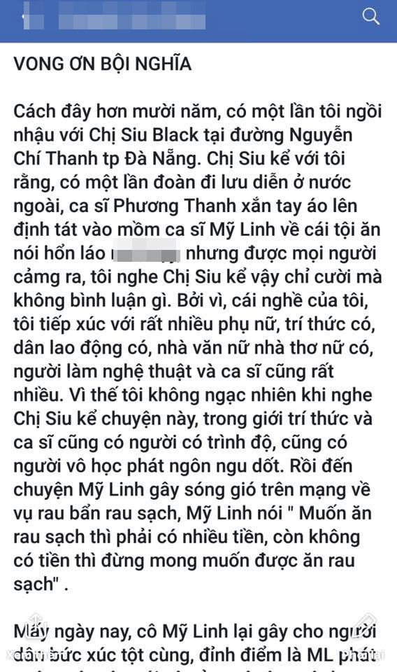 Một cư dân mạng cho biết đã từng được ca sĩ Siu Black kể lại chuyện Phương Thanh  định tát ca sĩ Mỹ Linh.