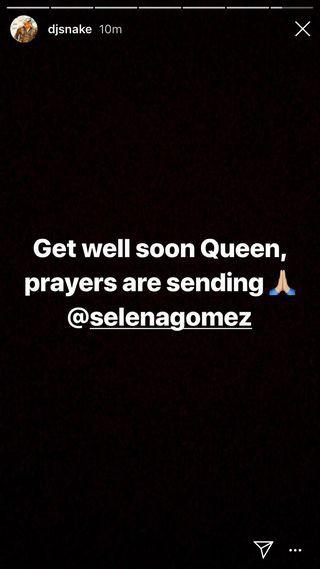 DJ Snake hợp tác với Selena Gomez trong “Taki Taki” cũng gửi lời cầu nguyện: “Hãy mau khoẻ nhé nữ hoàng. Xin gửi lời cầu nguyện đến @selenagomez”.