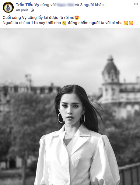 Hoa hậu Trần Tiểu Vy thông báo đã lấy lại được tài khoản Facebook.