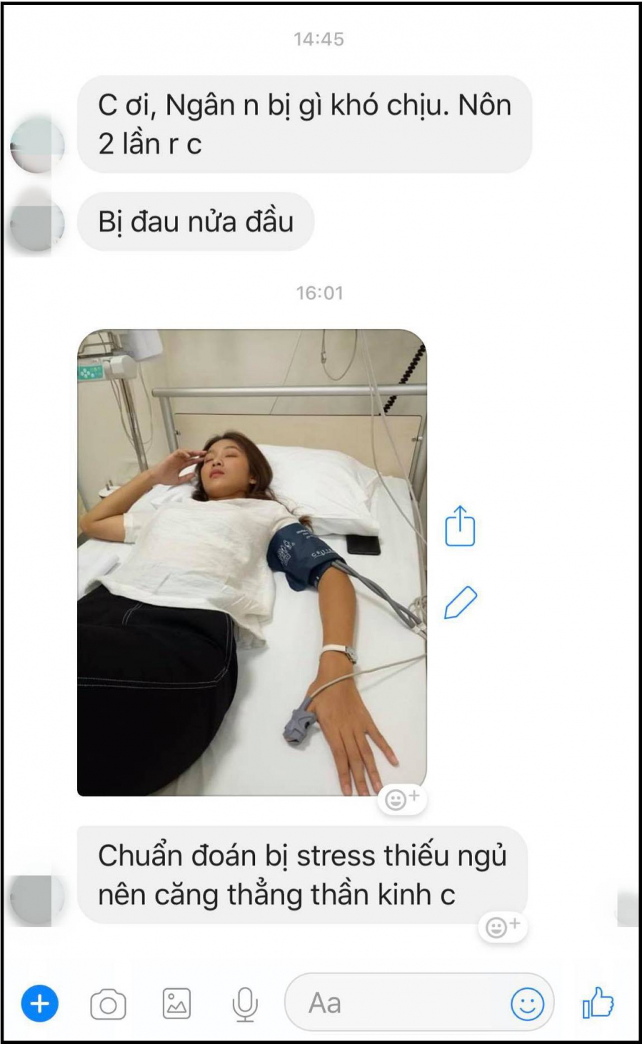 Hình ảnh Khả Ngân trên giường bệnh và tin nhắn được trợ lý của cô chia sẻ.