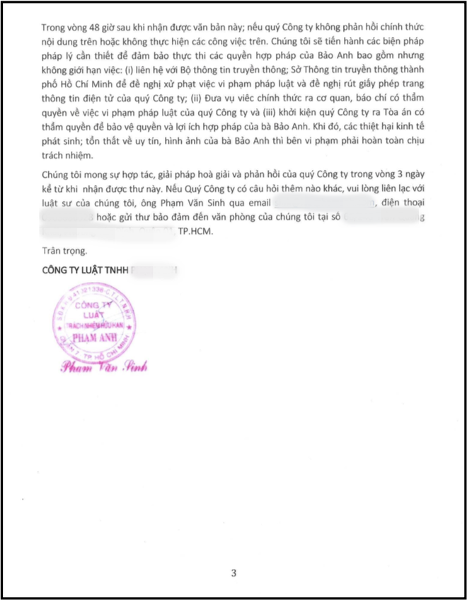 File văn bản được phía luật sư của Bảo Anh soạn thảo và gửi tới một số trang tin đã đăng tải bài viết cho rằng cô là người thứ ba phá hoại cuộc hôn nhân của Phạm Quỳnh Anh - Quang Huy chiều ngày 24/10.