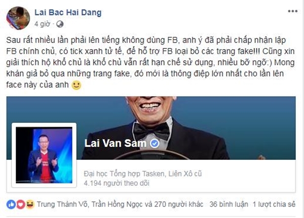 Ảnh chụp màn hình tài khoản Facebook chính thức của nhà báo, MC Lại Văn Sâm.