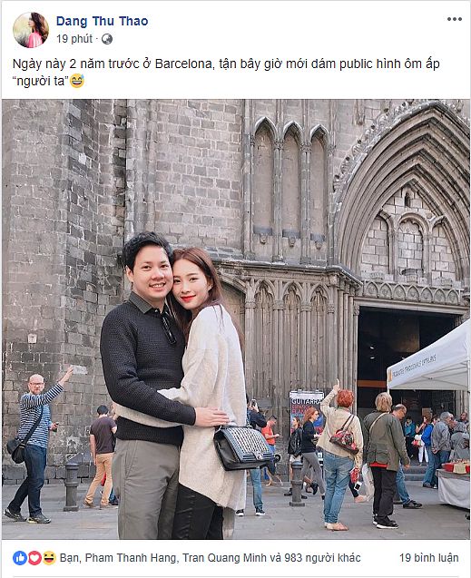 Hoa hậu Đặng Thu Thảo chia sẻ hình ảnh ôm ấp ông xã Trung Tín từ 2 năm trước.
