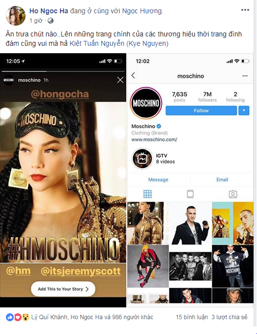 Hình ảnh của Hồ Ngọc Hà đã được trang Instagram chính thức của thương hiệu Moschino đã đăng tải.