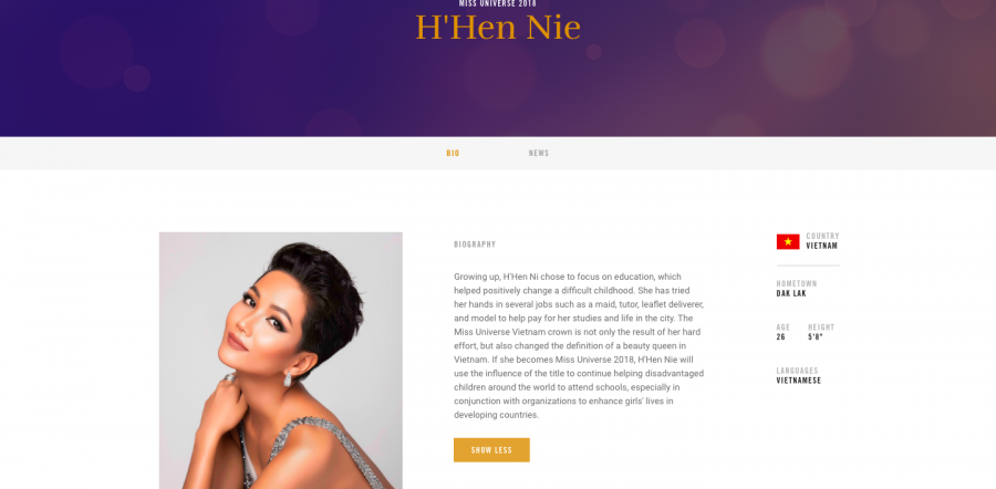 Thông tin, hình ảnh của H'Hen Niê chính thức xuất hiện trên trang chủ Miss Universe.