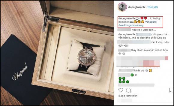 Tú Anh được ông xã tặng đồng hồ nạm kim cương tiền tỷ làm quà kỷ niệm 1 tháng ngày cưới.