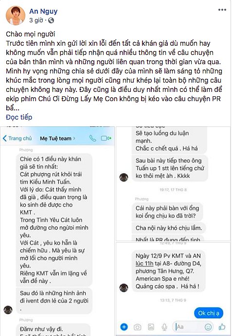 Bài viết trên trang Fanpage của An Nguy, tố Cát Phượng là người đứng sau dàn dựng về ồn ào tình cảm với Kiều Minh Tuấn