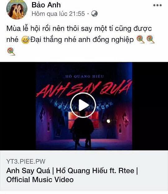 Bảo Anh chúc mừng Hồ Quang Hiếu khi anh ra mắt sản phẩm âm nhạc mới.