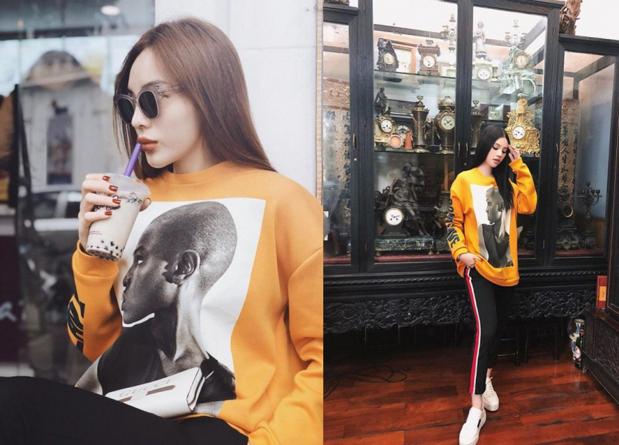 Chiếc áo hoodie màu vàng được Hoa hậu Việt Nam 2014 chọn mặc vào mùng 2 Tết cùng với quần đen. Bên cạnh đó, Kỳ Duyên nhấn nhá bằng chiếc kính mát và ví cầm tay Gucci sang chảnh. Cũng trong ngày mùng 2 tết, Jolie Nguyễn chọn thiết kế này đi du xuân.