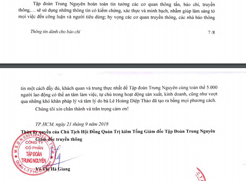Thông cáo báo chí ngày 21/09 do Giám đốc truyền thông Võ Thị Hà Giang ký.  