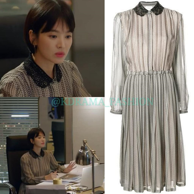 Những kiểu váy nữ tính cũng được stylist chọn cho nhân vật của Song Hye Kyo, trong đó có thiết kế họa tiết, phần cổ peter-pan của Giambattista Valli. Bộ cánh có giá thành đắt đỏ khoảng 2.336 USD (53 triệu đồng). 