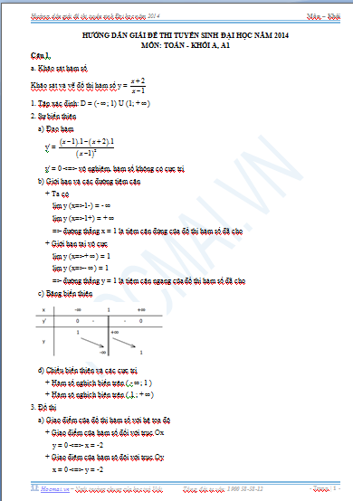Đáp án đề thi môn toán khối A thi đại học