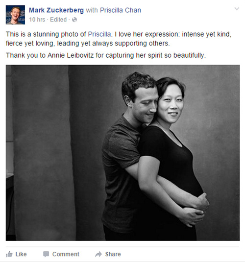 Mark Zuckerberg chia sẻ ảnh mang bầu của vợ Priscilla Chan 2