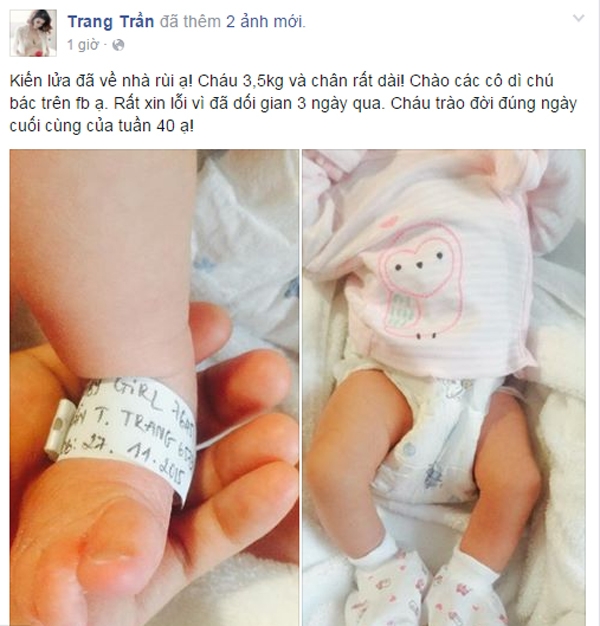 Trang Trần khoe ảnh con gái đầu lòng mới sinh