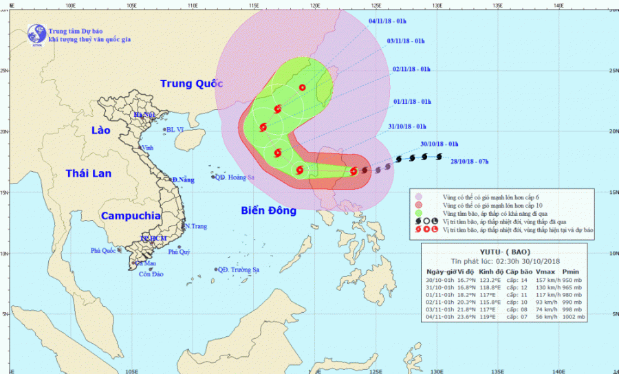 Vị trí và hướng di chuyển của bão Yutu. (Ảnh: TTKTTVQG) 