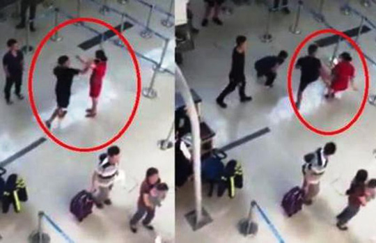 Nữ nhân viên hàng không bị tát, đạp ngã tại Cảng hàng không Thọ Xuân - Ảnh cắt từ clip.
