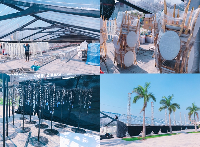 Hội trường tiệc được che phủ bằng mái nhựa trong giúp ánh sáng sân khấu hướng lên bầu trời.