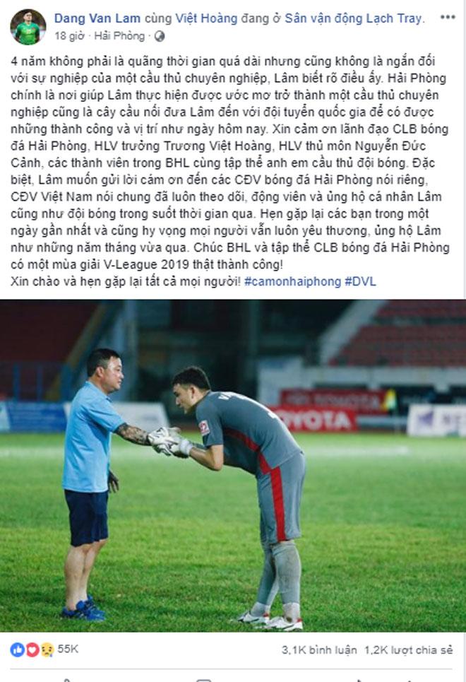 Bức tâm thư dài tạm biệt CLB Hải Phòng và cổ động viên của Đặng Văn Lâm.