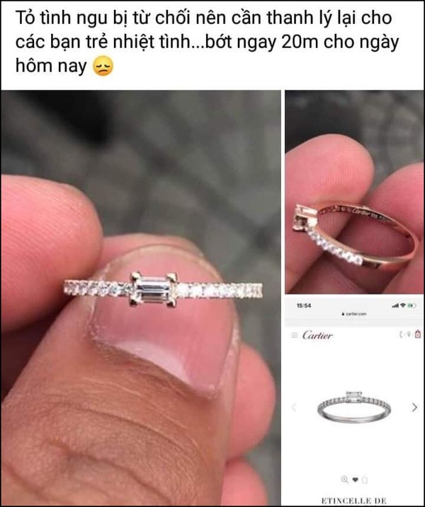 Anh chàng rao bán lại chiếc nhẫn vì bị từ chối khi tỏ tình. Ảnh: Facebook