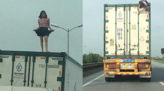 Hú hồn cảnh người phụ nữ leo lên thùng xe container 'quẩy' tưng bừng