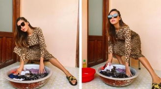 Siêu mẫu Minh Tú “khổ sở” giặt đồ tại khu cách ly chỉ vì đôi chân dài 1,2m