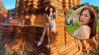 Chúng Huyền Thanh gây phản cảm khi cố tình làm lơ ngồi lên tháp cổ để 'sống ảo' dù có bảng cấm