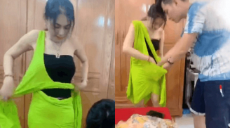 Lâm Khánh Chi suýt xé hư đầm mới mua vì không biết mặc, ông xã cũng “bó tay” khi trợ giúp