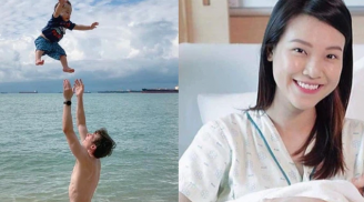 Ông xã Hoàng Oanh khiến fan 'thót tim' với khoảnh khắc tung con trai lên trời